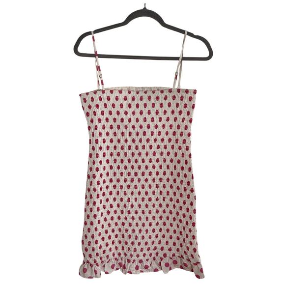 Lovers + Friends Burson Dress Women's Medium Smocked Hot Pink Polkadots Ruffle - Picture 2 of 6